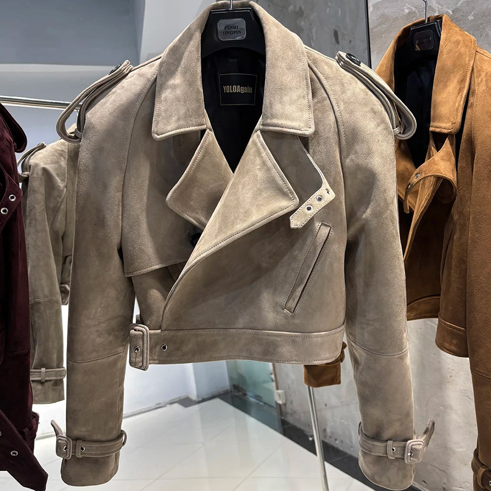 YOLOAgain Burgundy Suede Jacket Women Genuine Sheepskin Leather Jacket Coat