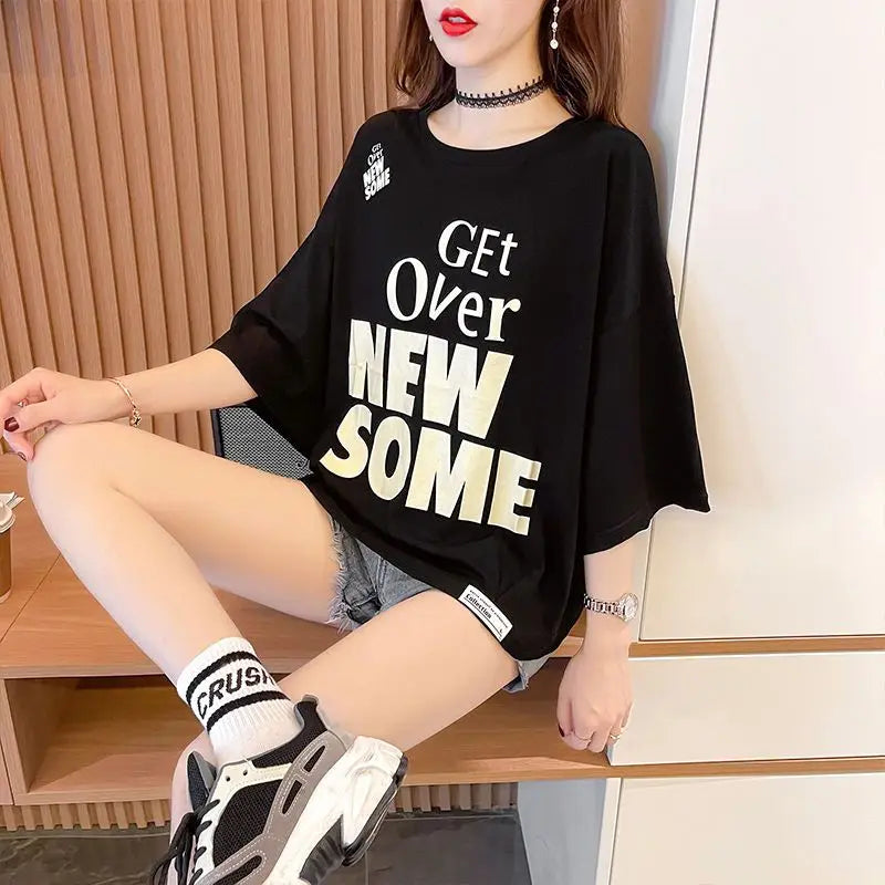 Women's T-shirt Summer Outfit Graphic Short Sleeve Cotton Top Female Baggy Trending Clothing Korean Popular Clothes Cheap Woman