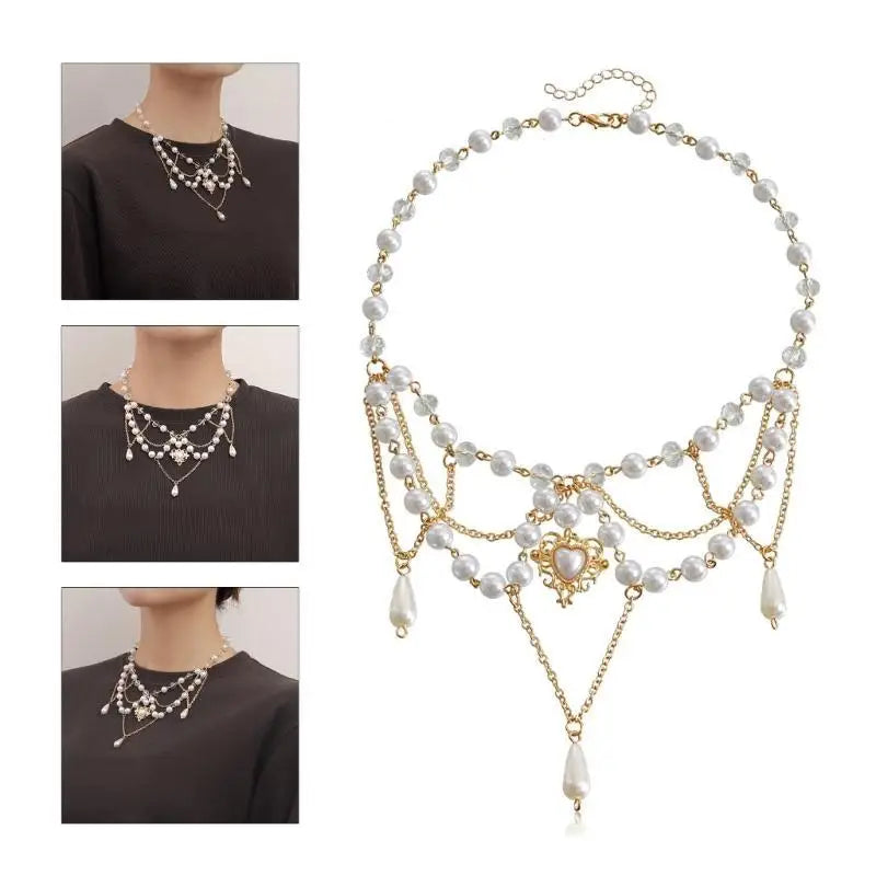 31BB Tassel Necklace Elegant Layered Necklace Pearl Beaded Necklace Clavicle Chain