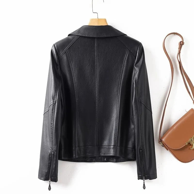 SpringAutumn 2025 New Sheep Leather Jacket Female Rivet Locomotive Slim Corium Leather Jacket Suit Collar Zipper Short Outwear