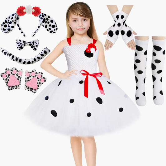 Dalmatian Costume Kids Cute Flowers Spotted Dog Tutu Dress Toddler Girls Halloween Festival Party Animal Puppy Dress Up Outfits