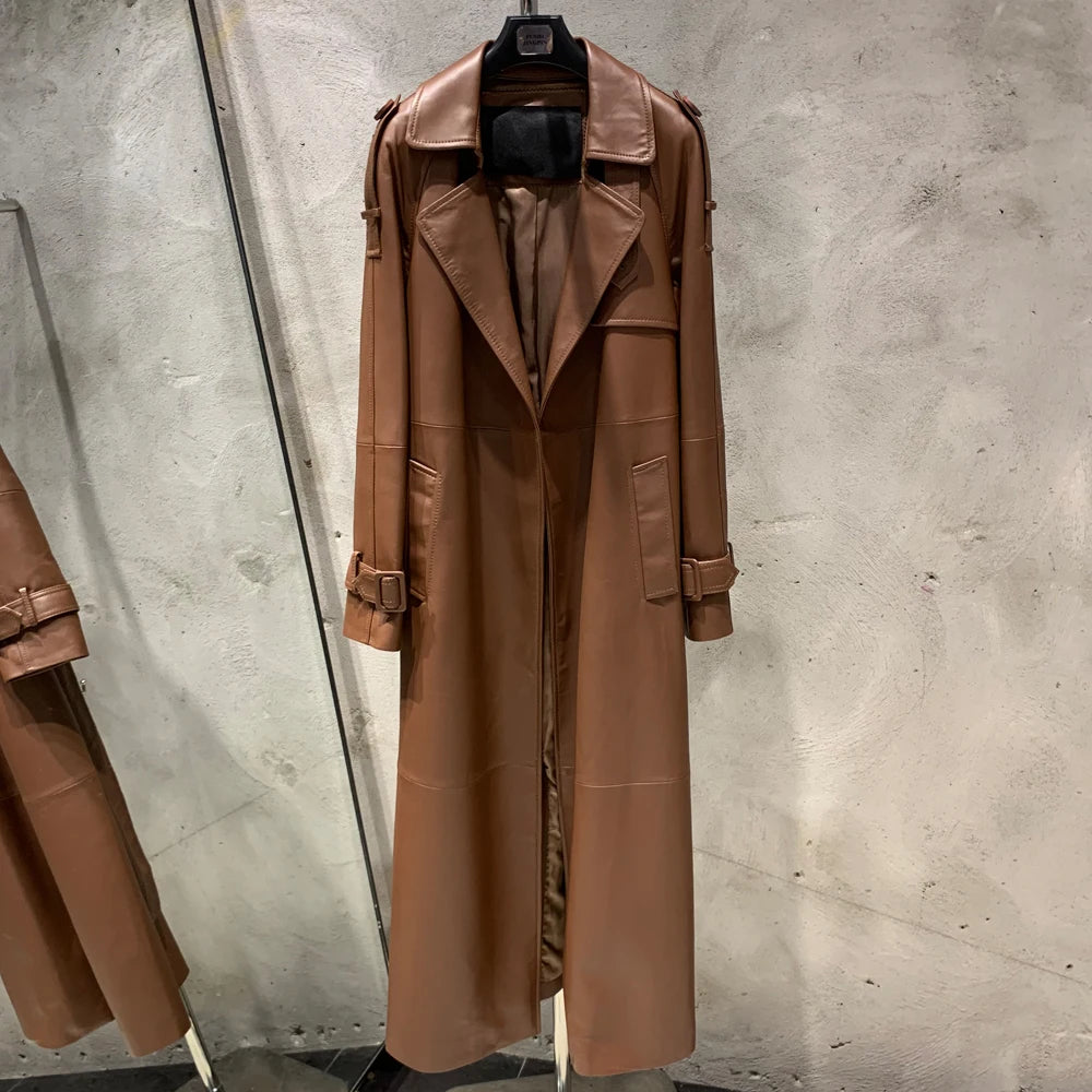 Gold Leather Coat Long Ladies Real Sheepskin Coat Genuine Sheep Leather Windbreak Long 21018