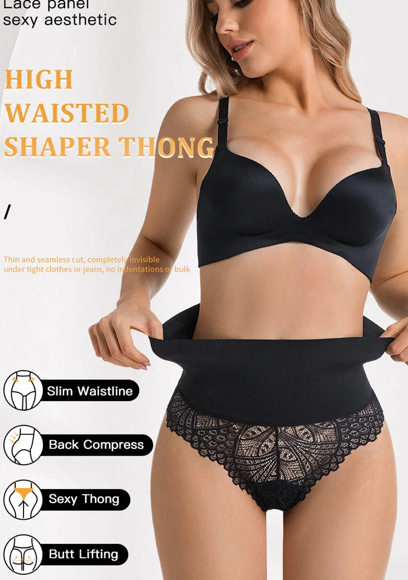 Thong Shapewear for Women Tummy Control Seamless Lace High Waist Thong Body Shaper Underwear