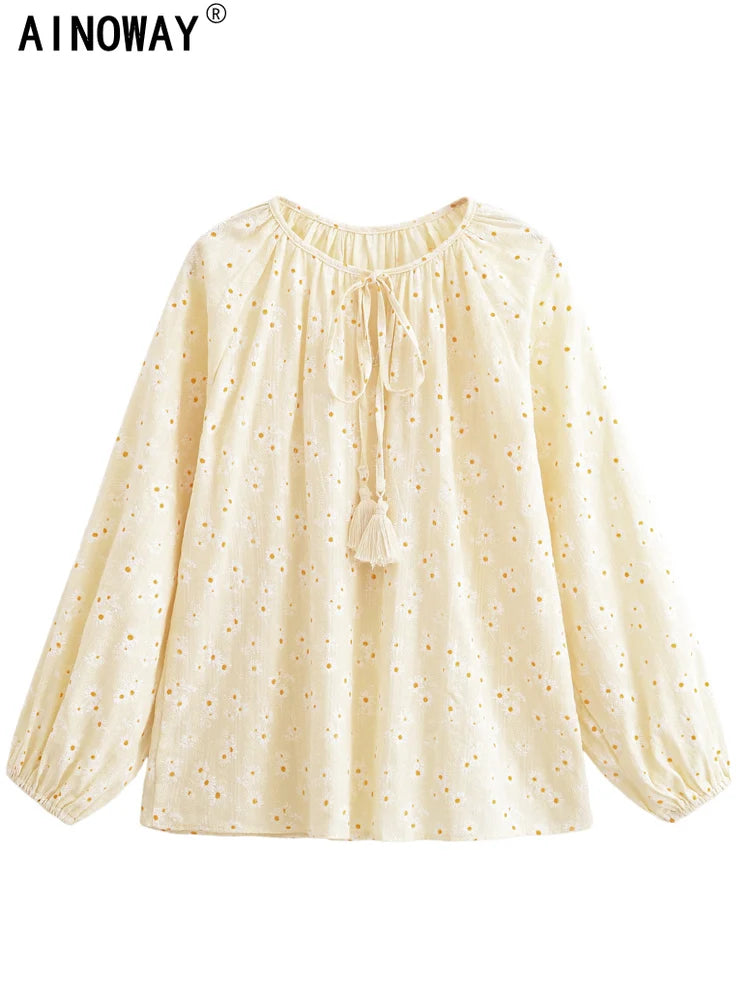 Retro Vintage Fashion Women daisy Floral Embroidery Linen Cotton Beach Bohemian Blouse Shirts Tops Long Sleeve Loose Boho Blusas