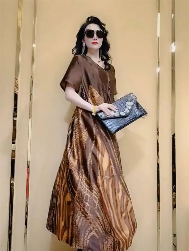 High end brand Ice silk dress 2025 Summer New Style Stylish and Fashionable Covering Belly Slim Women's French Silk Long Dress