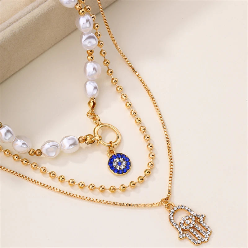 Classic Pendant Necklace for Women Micro Zircon Turkish Lucky Evil Eyes Palm Cross Pearl Multilayer Metal Chain Choker Jewelry