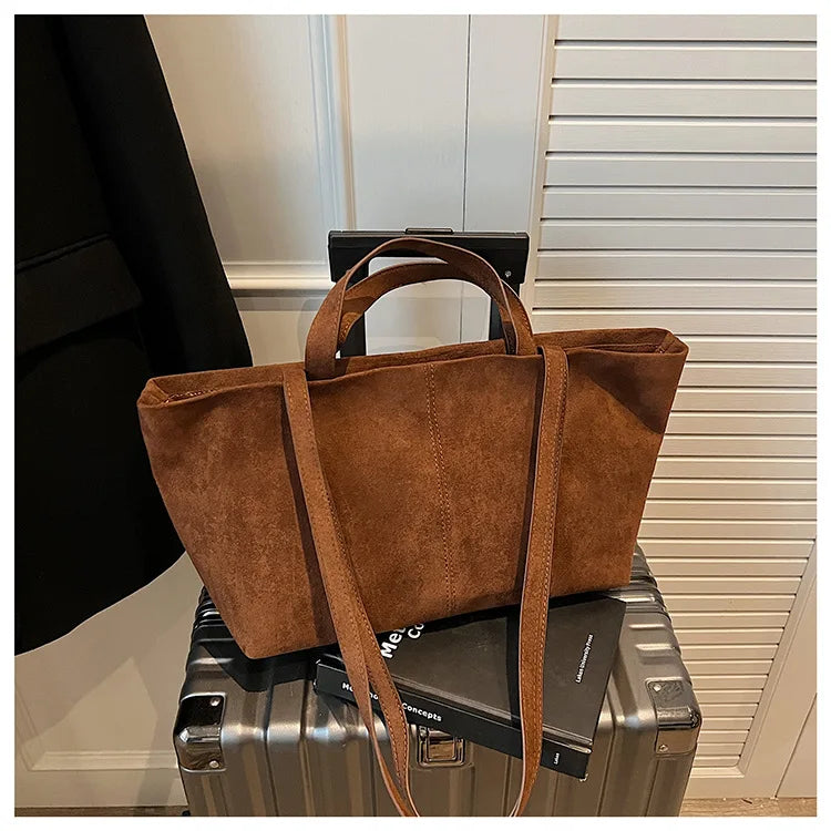 Large Capacity Tote Women Bag Retro Faux Suede Shoulder Bag Quitting Designer Bags for Women Handbag Commuting Shopper Purses