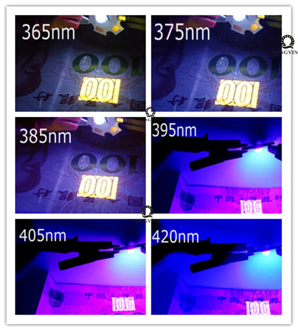 3W UV LED Ultra Violet Color Lamp Chips 365nm 375nm 380nm 385nm 390nm 395nm 400nm 405nm 410nm 420nm 430nm Purple Light Beads