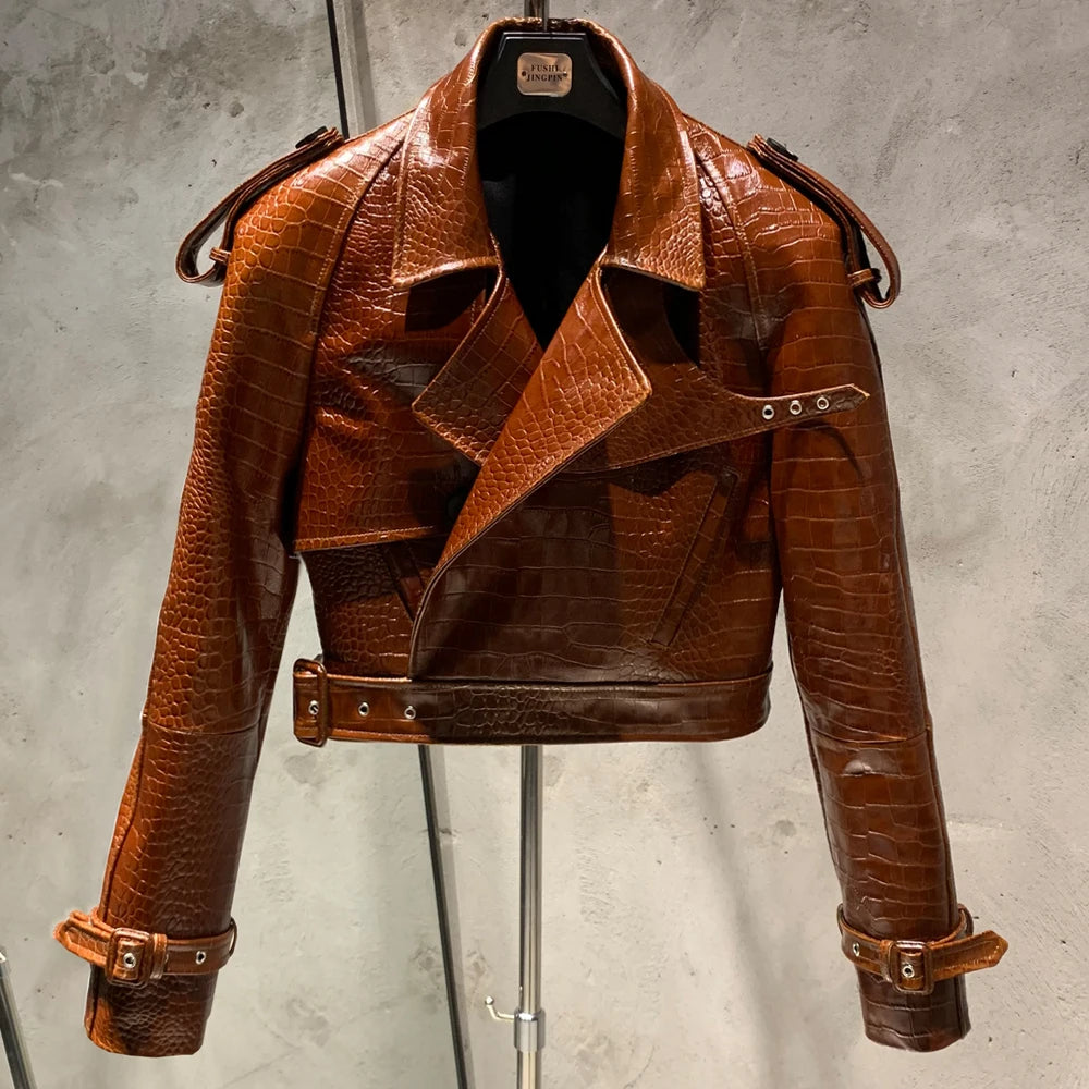 Embossed Leather Jacket Women Winter Genuine Sheep Leather Coat Wide Shoulder and Paddad 23012