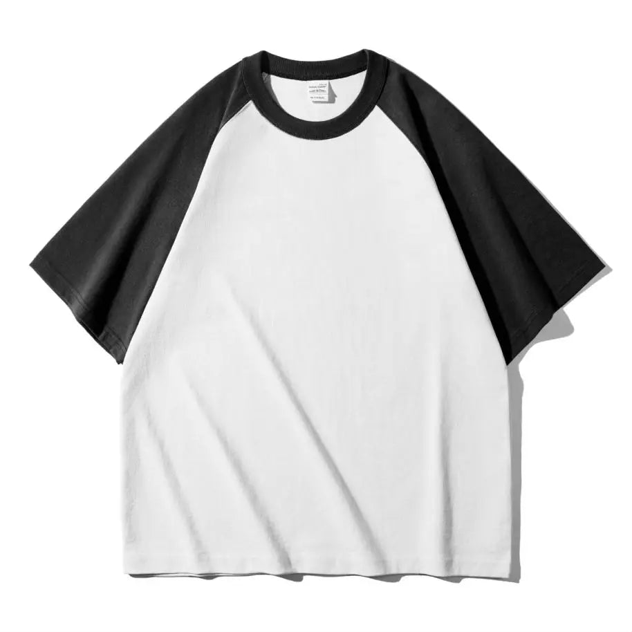 Mens 100% Heavy Cotton T-Shirt 300gsm Oversized Casual Stitching Color Tee Round Neck Loose Fit Knitted Tops Fashion Streetwear
