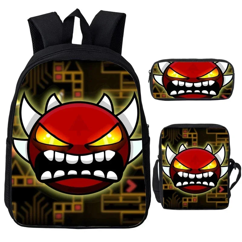 Large Capacity Bookbag 3pcs Set Boys Girls School Bags Angry Geometry Dash Cartoon Print Children Backpack Back To School Gifts