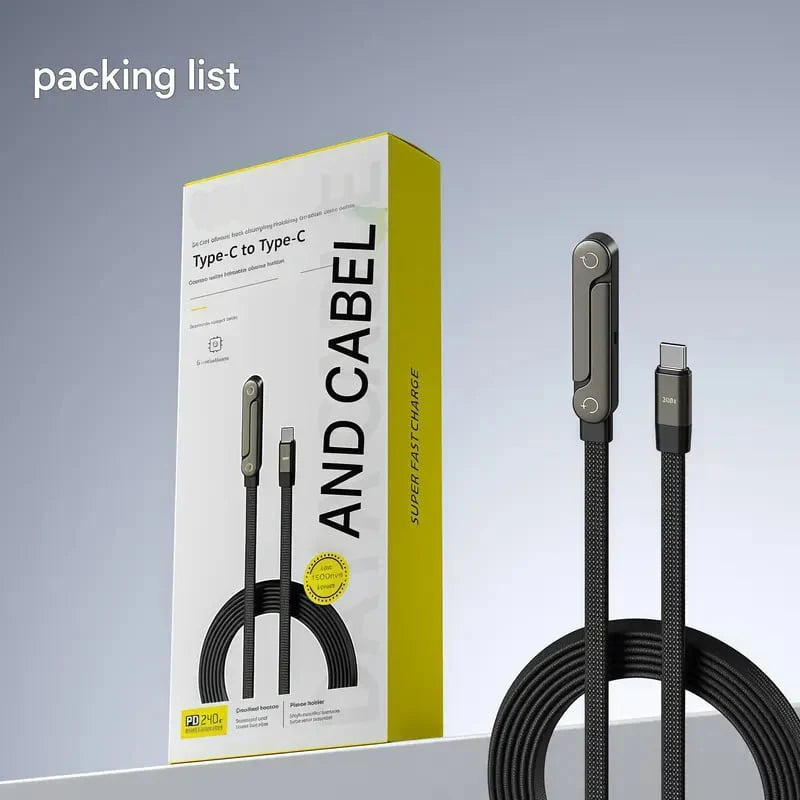 240W Fast Charging Cable with Adjustable Phone Stand, 2-in-1 Tough Braided Charging Cables Folding Stand UBS-A/Type-C to Type-C