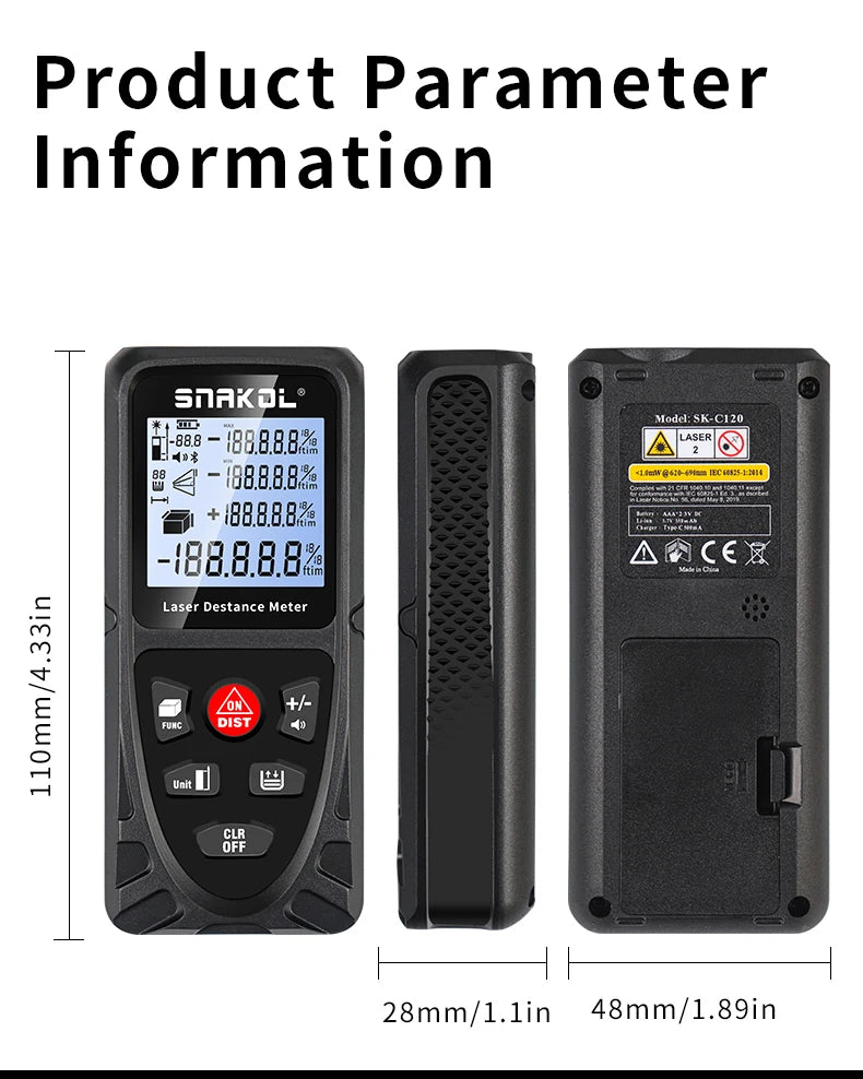 Snakol Laser Distance Meter 50m 70m 100m 120m Digital Range Finder Rechargeable Rangefinder Laser Tape Measure Electronic Ruler