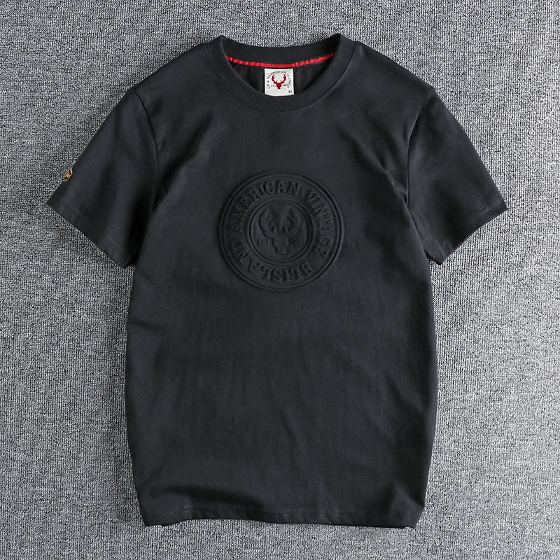 883# 2024 Summer New Japanese Retro Short Sleeve O-neck 3D Letter Printed T-shirt Men's Fashion 100% Cotton Washed Casual Tops
