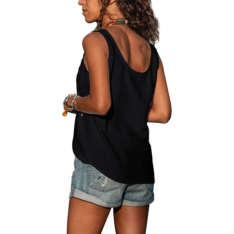 Women Summer Loose Vest Tops Buttons Chiffon Blouse Holiday T Shirt Casual Cami Tank Top Sleeveless Base V-neck Camisoles