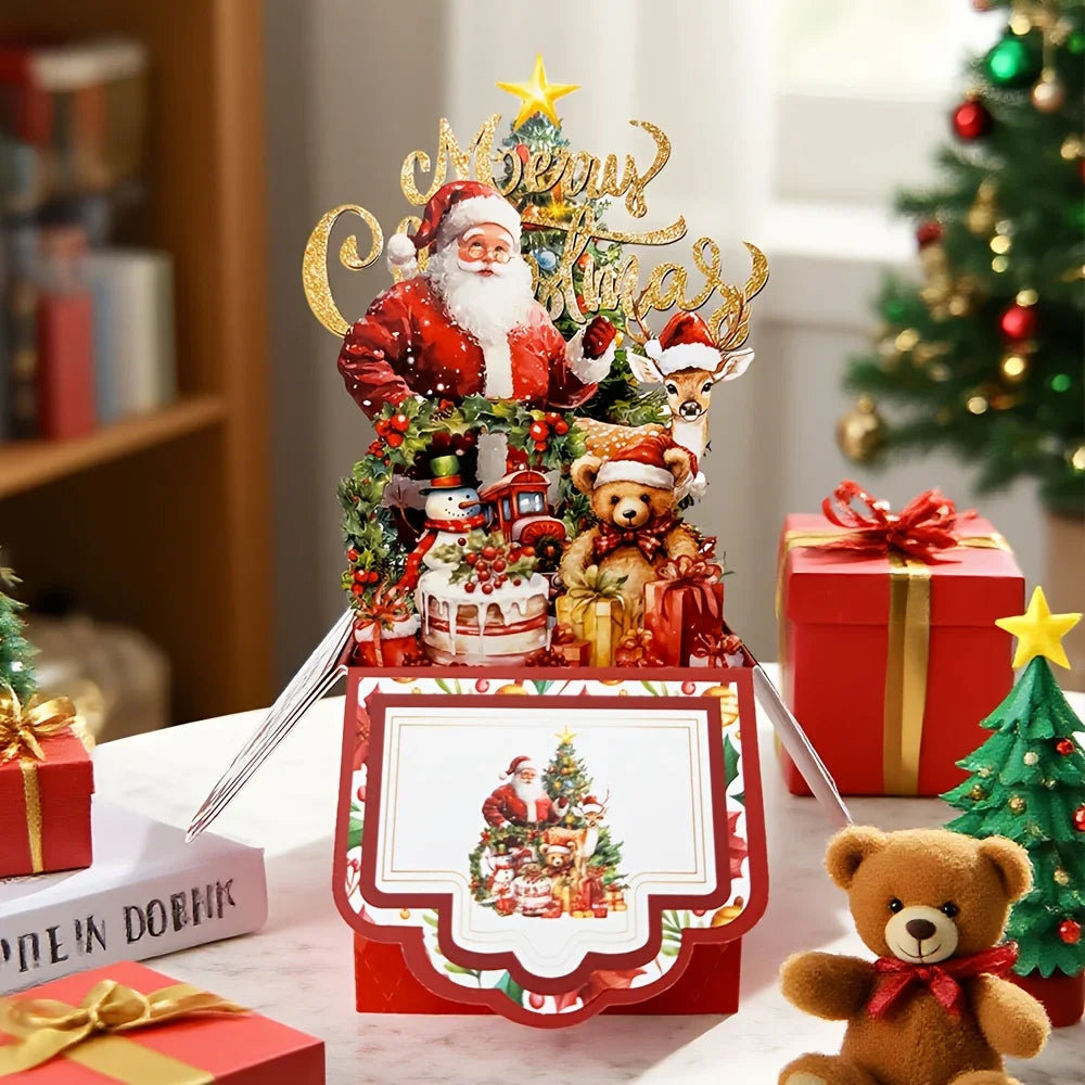 Christmas Tree Greeting Cards Santa Claus Reindeer Xmas Party Pop Up Card 3D Postcard with Envelope Holiday Decor Supplies 1pcs