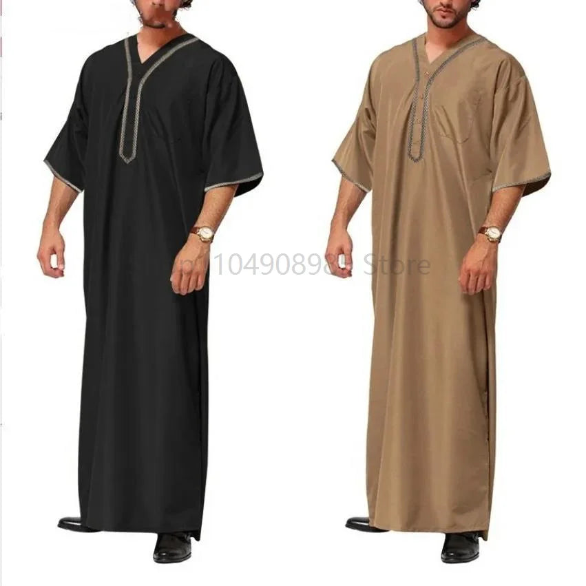 Islamic Muslim Men's Solid Color Short Sleeve Classic Embroidery Robe Dubai Arabic Ethnic Style Men's Casual Formal Robe