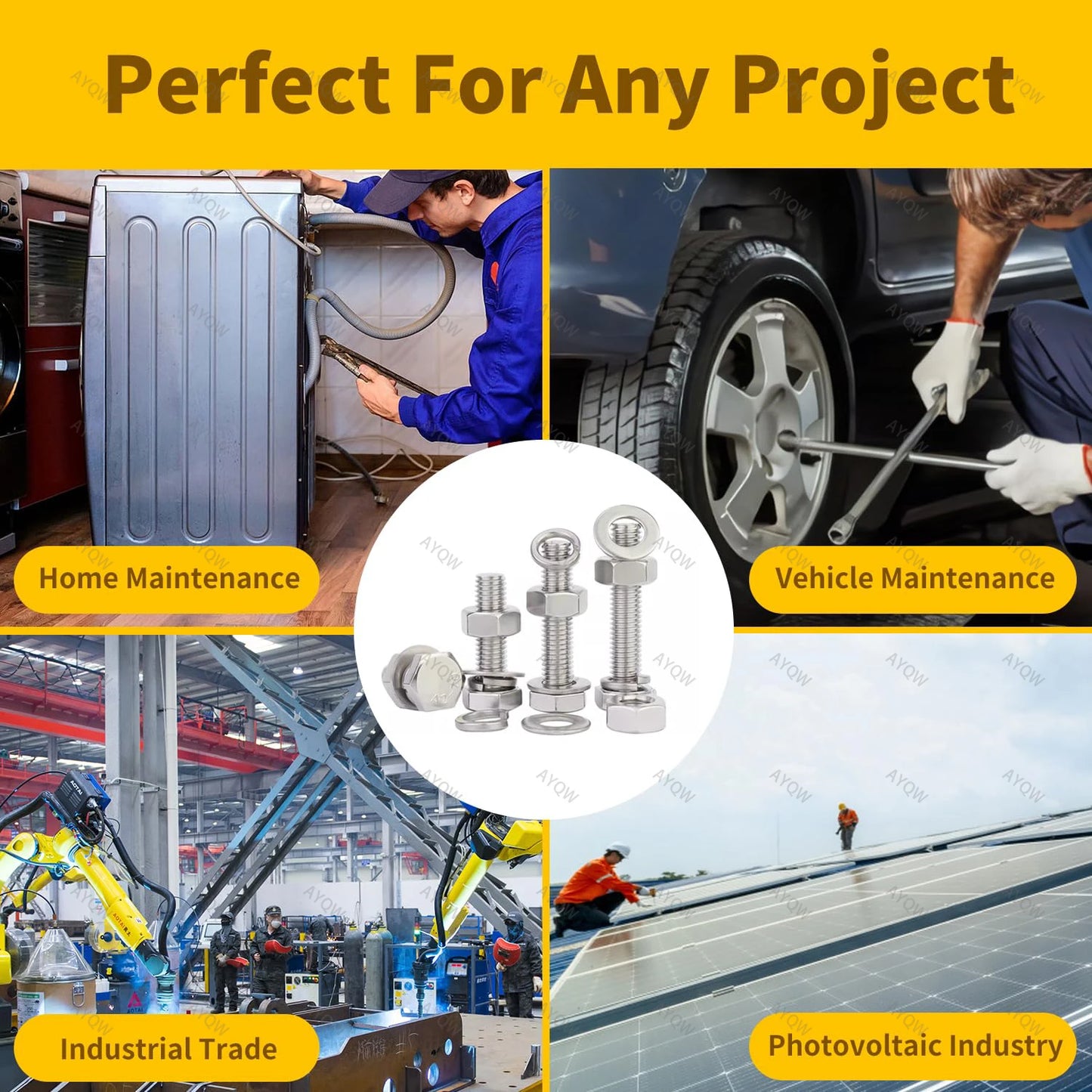 120/240/480pcs Stainless Steel Nuts and Bolts Assortment Kit, Including 6 Sizes Hex Bolts,Flat Washers, Lock Washers.