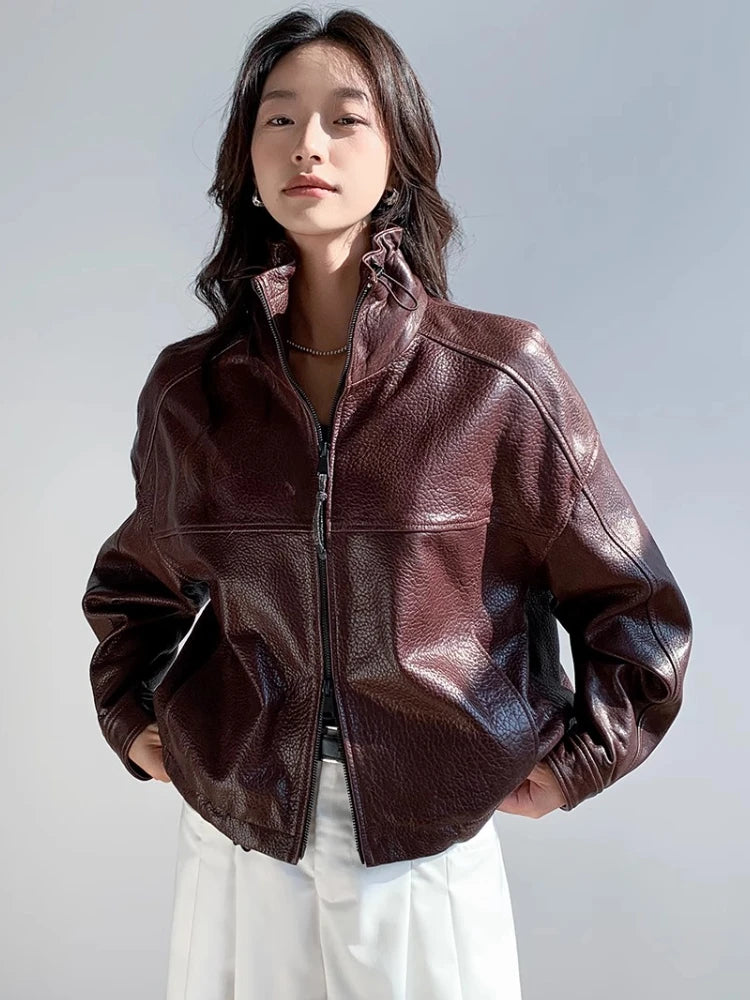 Vintage Genuine Leather Cropped Jackets for Women Spring Autumn 2025 New High-end Simple Stand Collar Bubble Real Sheepskin Coat