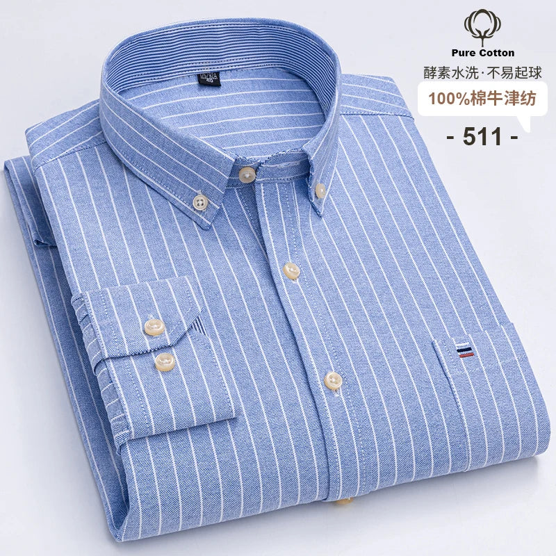 S-6XL Casual Pure Cotton Oxford Mens Shirts Long Sleeve Embroidery Horse Design Regular Fit Fashion Button Man White Dress Shirt