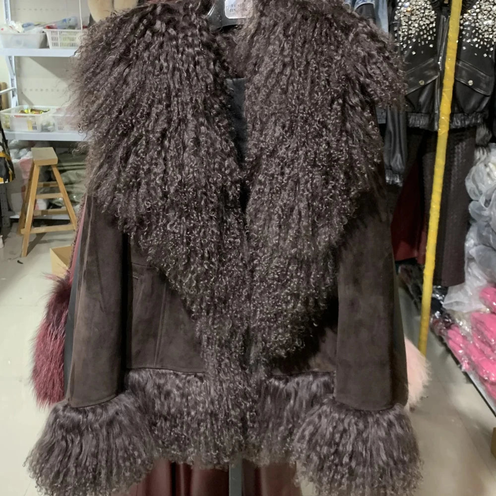 Black Suede Mongolian Sheep Fur Coat Women Fur Jacket with Long Sleeve New arrival Winter Real Fur Coat
