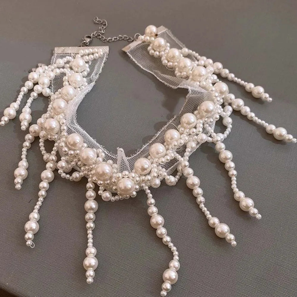 Neck Pendant White Pearl Lace Choker Alloy Creative Tassel Beads Necklace French Style Collarbone Chain Mesh Neck Jewelry Women