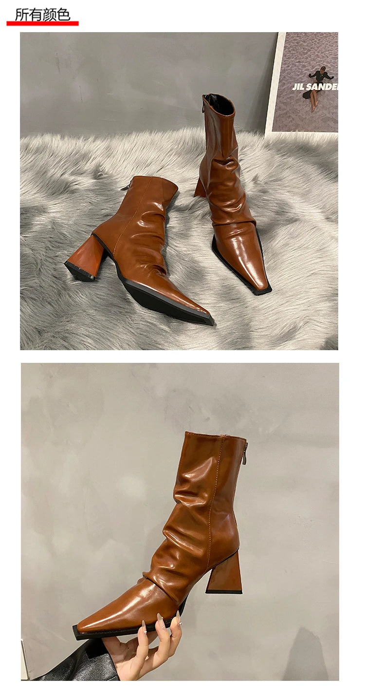 Horse Boots Female Ins Pointed Pink Skinny Boots 2023 Winter New Patent Leather Thick with Fashion High Heel Short Boots