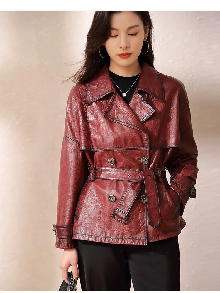 Roupas Femininas Autumn Women's Suit Collar Lace-up Waist Oil Wax Sheepskin Gabardina Mujer Vintage Red Wine Short Trench Coats