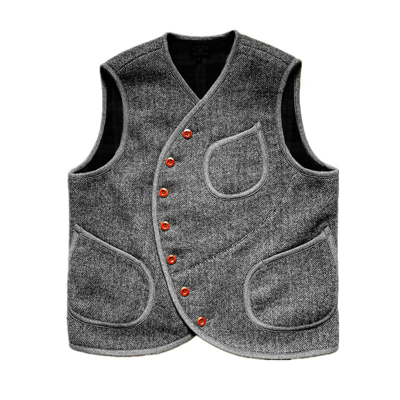 Men's Suit Vest Herringbone Wool Crew Neck Sleeveless Jacket Male Steampunk Waistcoat Vintage