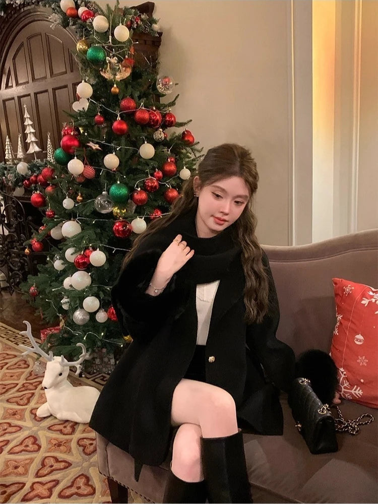 Elegant Wool Coat Warm Women Double Faced Luxury Real Fox Fur Sleeves 100 Wool Scarf Autumn Winter 2025 New Fashion Trench Coat