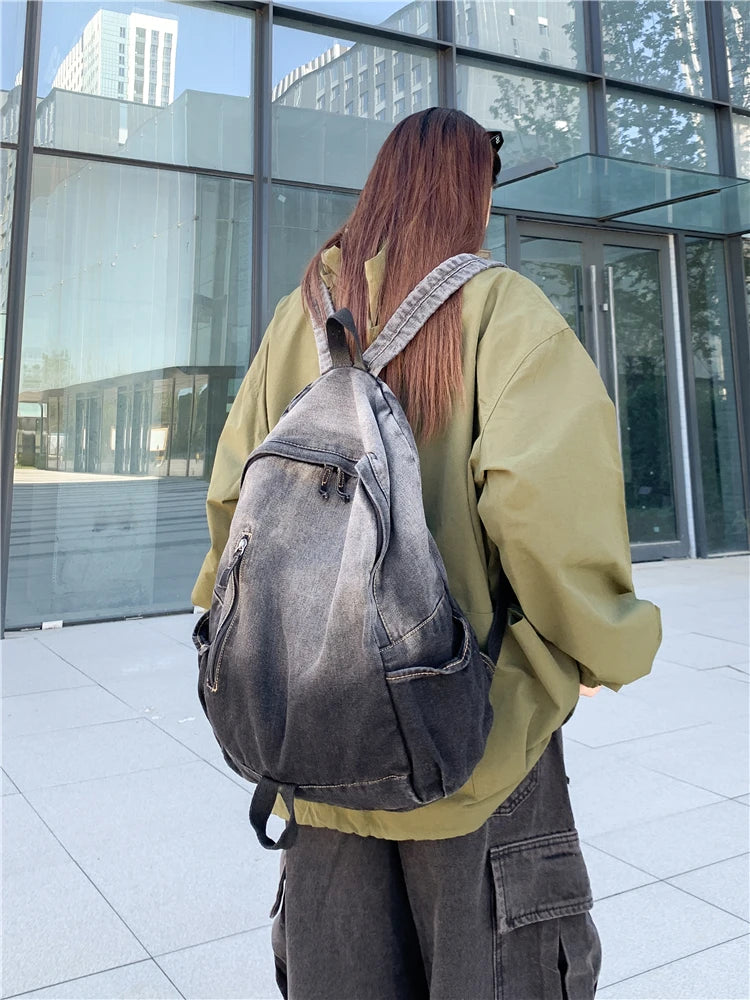 Men's and Women's Backpacks, Student School Bags, Large-Capacity Washed Denim Bags