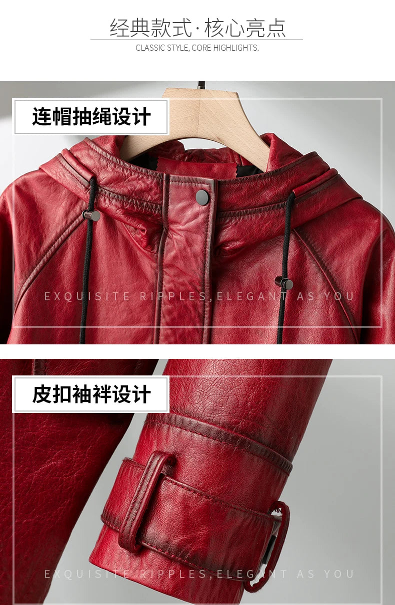 Tajiyane 100% Real Leather Jacket Women Autumn Winter Hooded Vintage Genuine Sheepskin Coat Mid-length Fashion Jaqueta Feminina