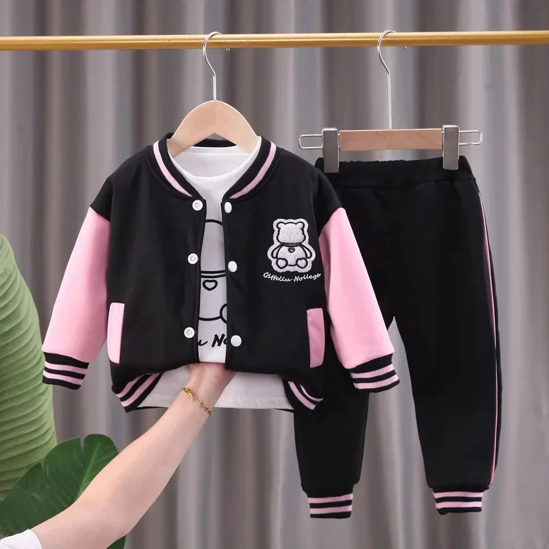Baby Clothes Bear T-shirt+Jacket+Pants Three Pieces Sets For Children Autumn Casual Suit Boys Girls Loungewear Outfits Clothing