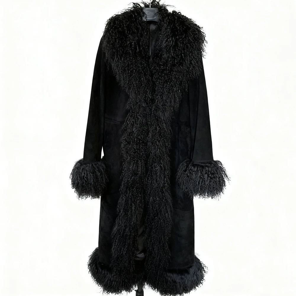 Winter Suede Long Fur Coat Mongolia Long Sheep Fur Collar New Arrival Camel Fur Jacket