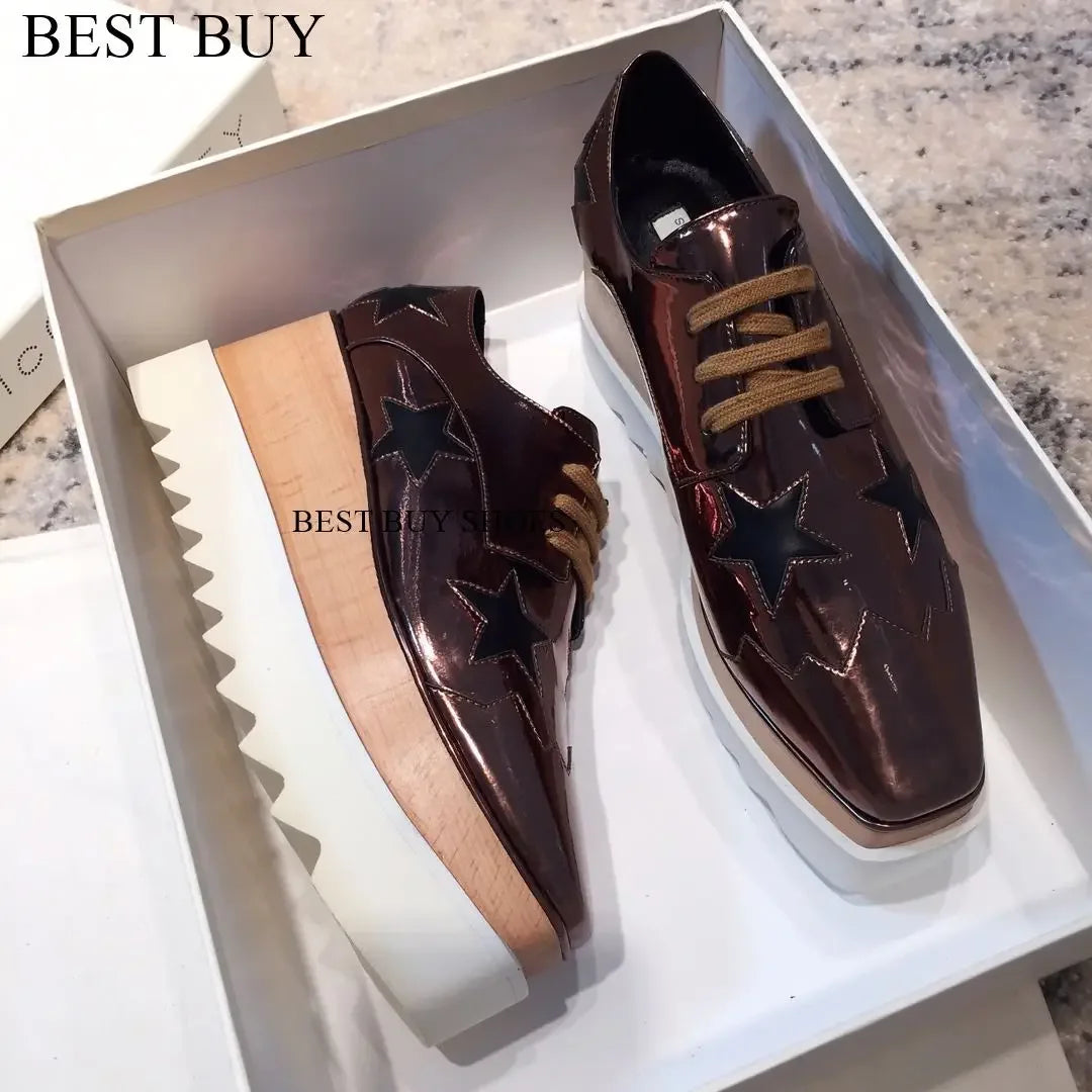 Women Fashion patent Stars high Loafers Shoes Lady Square Toe lace-up Thick Bottom Platform Wedge Shoes For Women sneakers