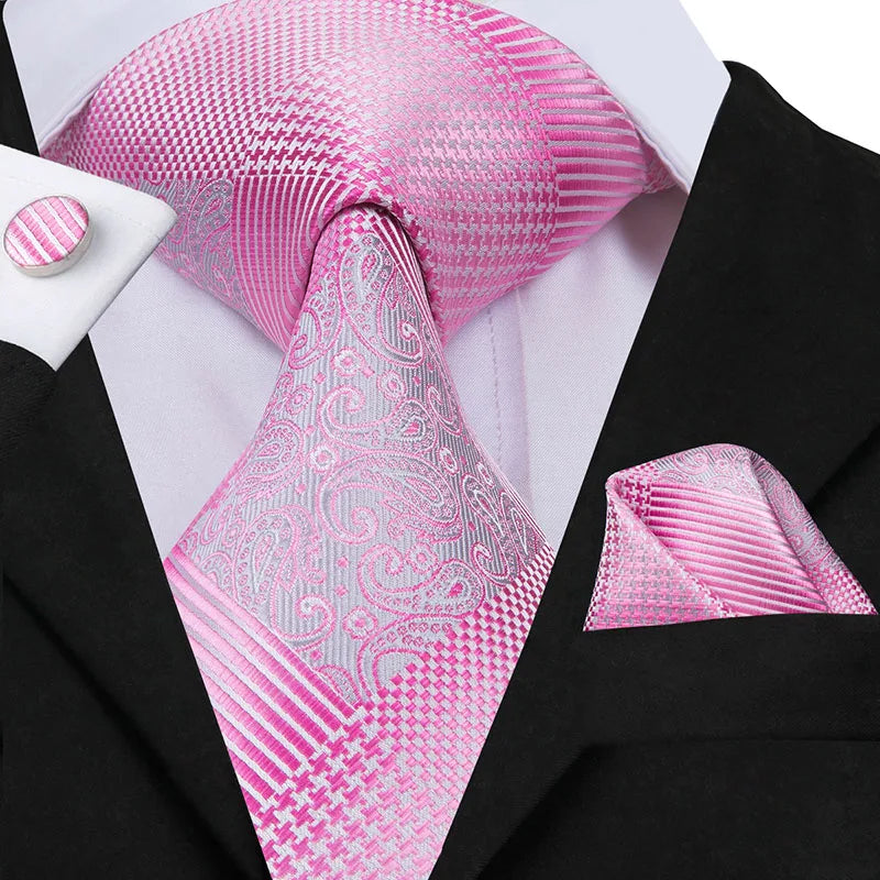 Hi-Tie Silk Men Tie Peach Pink Floral Wedding Necktie for Men Luxury Necktie Handkerchief Cufflink Fashion Design Business