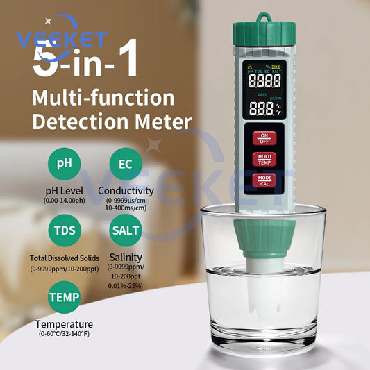 X51 Digital Water Quality Monitor Tester TDS PH Meter PH/TDS/EC/SALT/Temperature Meter for Pools Drinking Water Aquariums