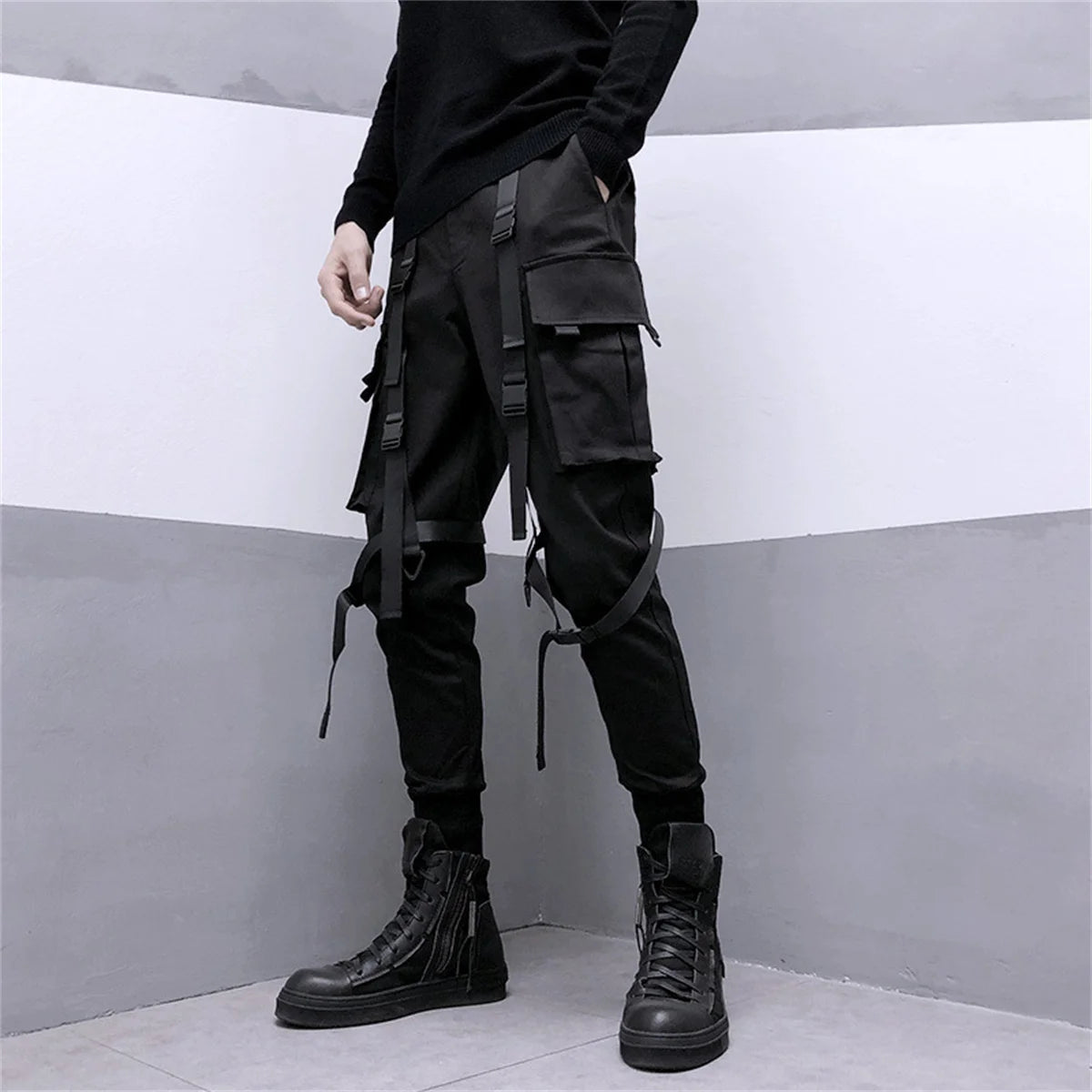 Black Cargo Pants Hip Hop Joggers Men Loose Harem Pants Multi-pocket Ribbon Men's Pants Trousers Streetwear Sport Pants for Men