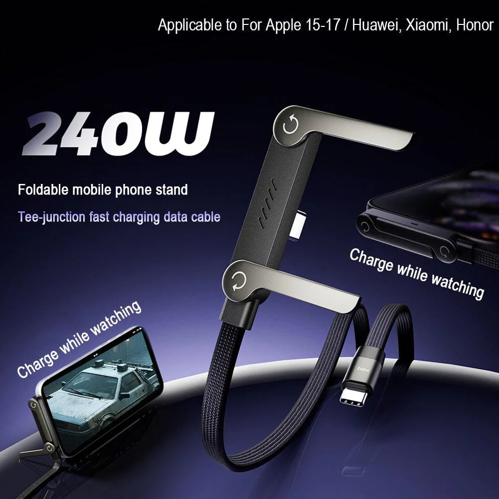 240W Stand Charging Cable, 2-in-1 with Phone Holder for Gaming/Videos, Compatible with iPhone 15-17 & Huawei