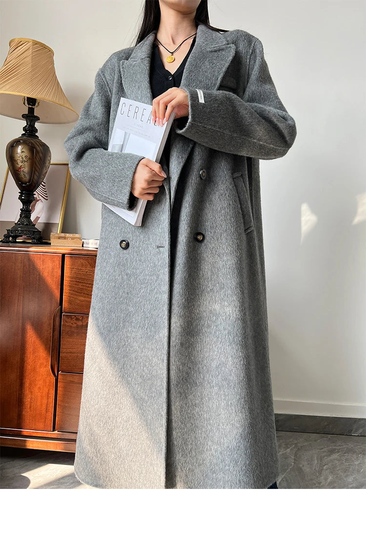 Office Lady Woolen Jackets 2024 Autumn And Winter Suit Collar Double Breasted Warmer Yak Hair Loose Long Women's Wool Coats
