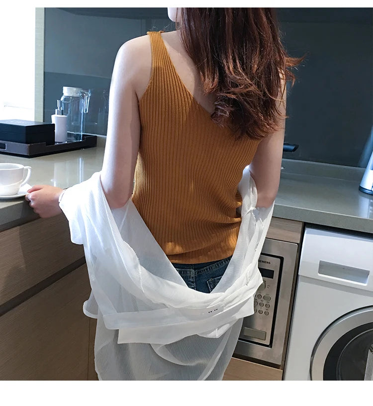 Summer Casual Tank Top Women Sleeveless Knitted T-Shirts Female Elastic Slim Vests Crop Tops Tanks & Camis Pullover Shirts