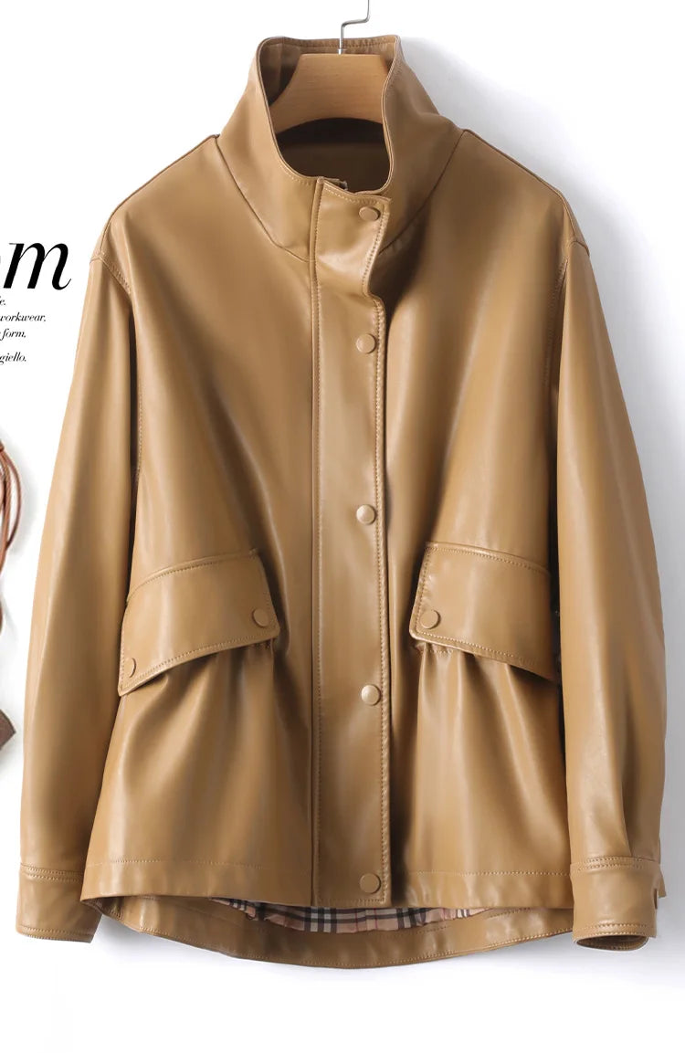 M-3XL Fashion Stand Collar Shrink Waist Sheepskin Jackets 2024 Fall Casual Loose Female Zipper Covered Button Split Leather Coat