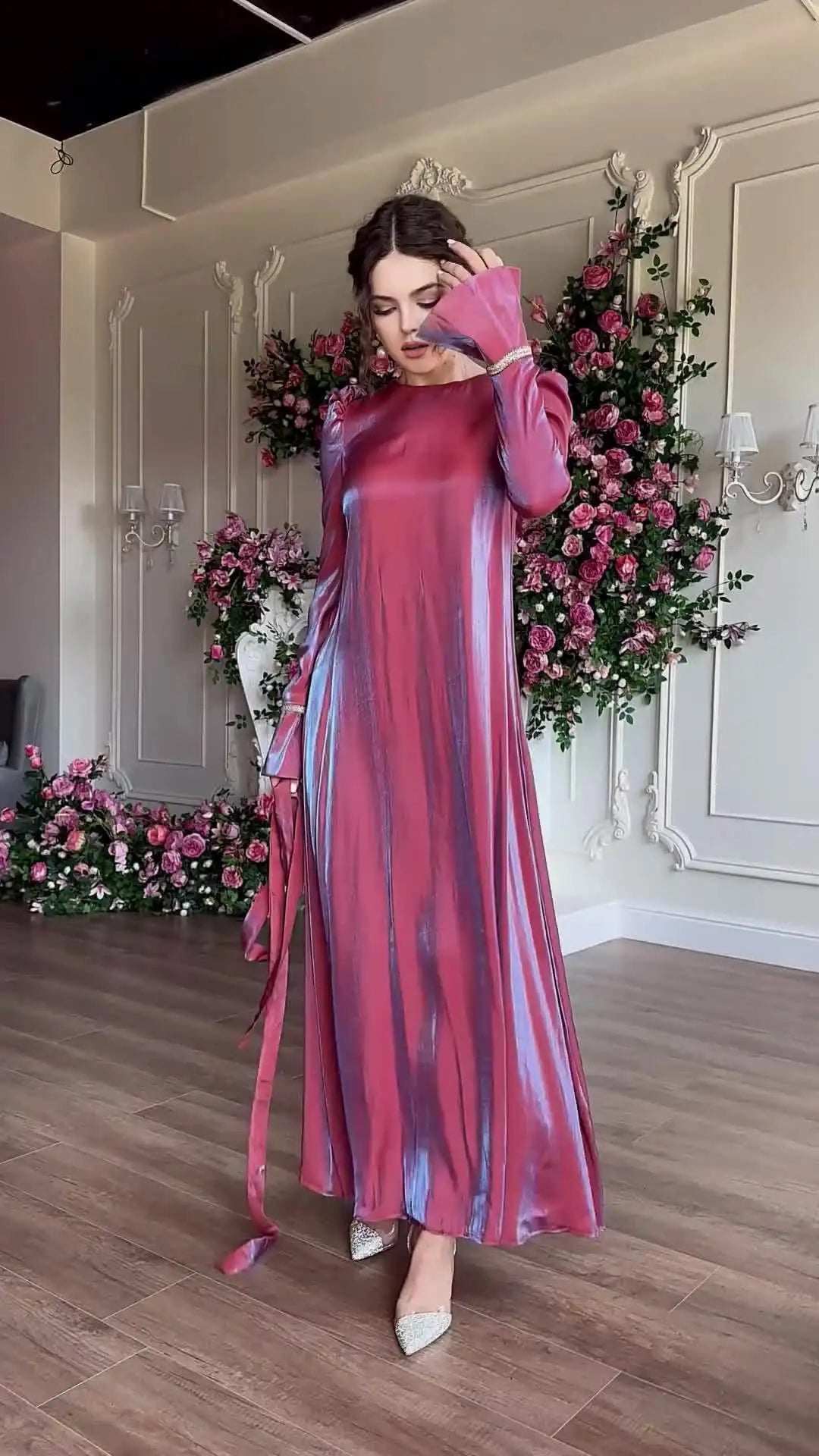 Eid Muslim Silky Satin Dress for Women Abaya Morocco Party Dresses Ramadan Lace-up Kaftan Saudi Islam Elegant Vestidos Long Robe
