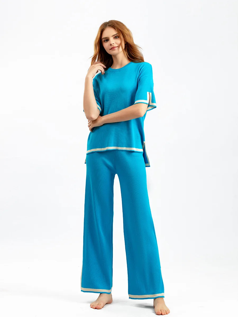 Pants Set Women Two Piece Sets Short Sleeve Spring Knit Tops Loose Casual Wide Leg Long Pants High Waist Y2k Streetwear Spring
