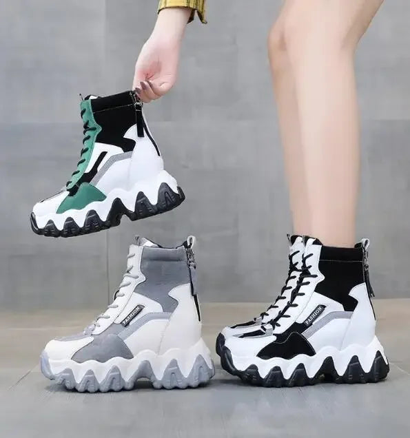 2024 Women Thick Sole Ankle Boots Autumn Luxury Platform Casual Boots Women's 8cm High Heels Wedge Boots Shoes Woman Sneakers