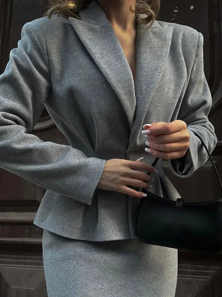Elegant Women Solid Woolen Blazer Coat Skirt Suits Fashion Lapel Long Sleeves Overcoat Slim Hip Package Long Skirts Lady Outfits