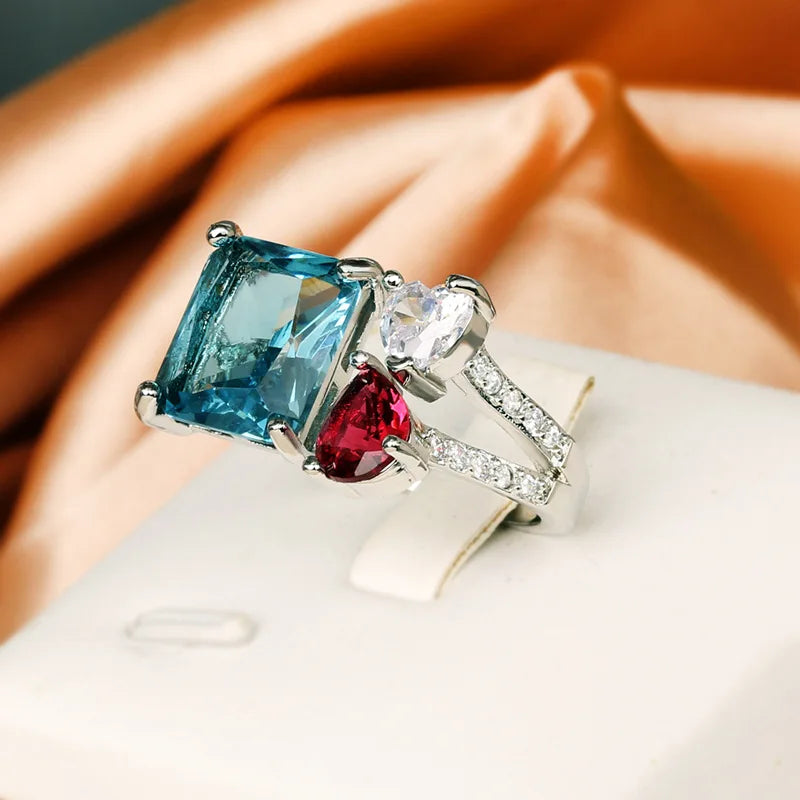 925 Sterling Silver Sterling Silver Geometric Design Blue Red Premium Ring Fashion Banquet Wedding Ladies Light Luxury Jewelry