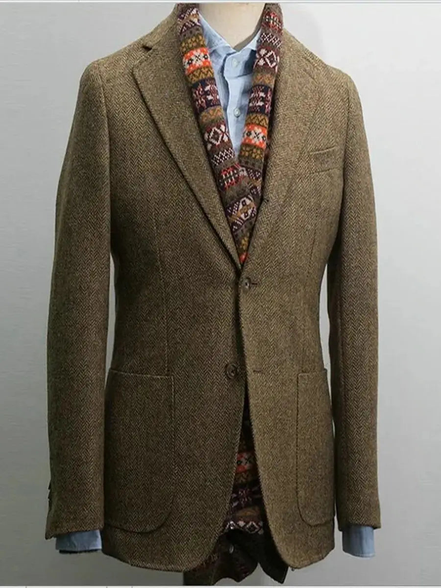 Men's Suit Brown Blazer Prom Tuxedos Herringbone Wool Tweed Single Breasted Formal Bussiness Jacket for Wedding（Only Coat）