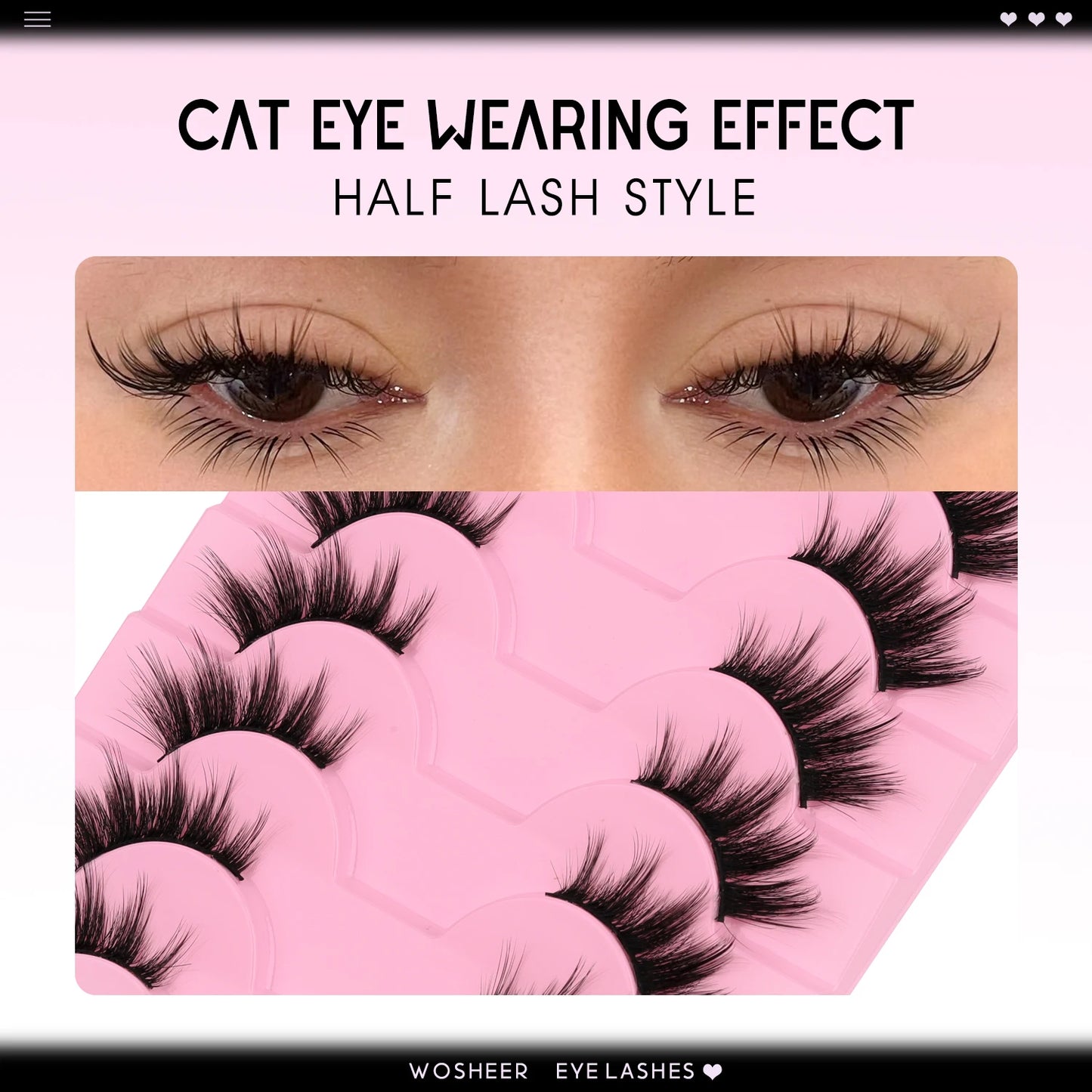 WOSHEER Half Eyelashes Natural Cat Eye Lashes Soft Wispy Faux Mink Lashes Eyelashes Extension Makeup