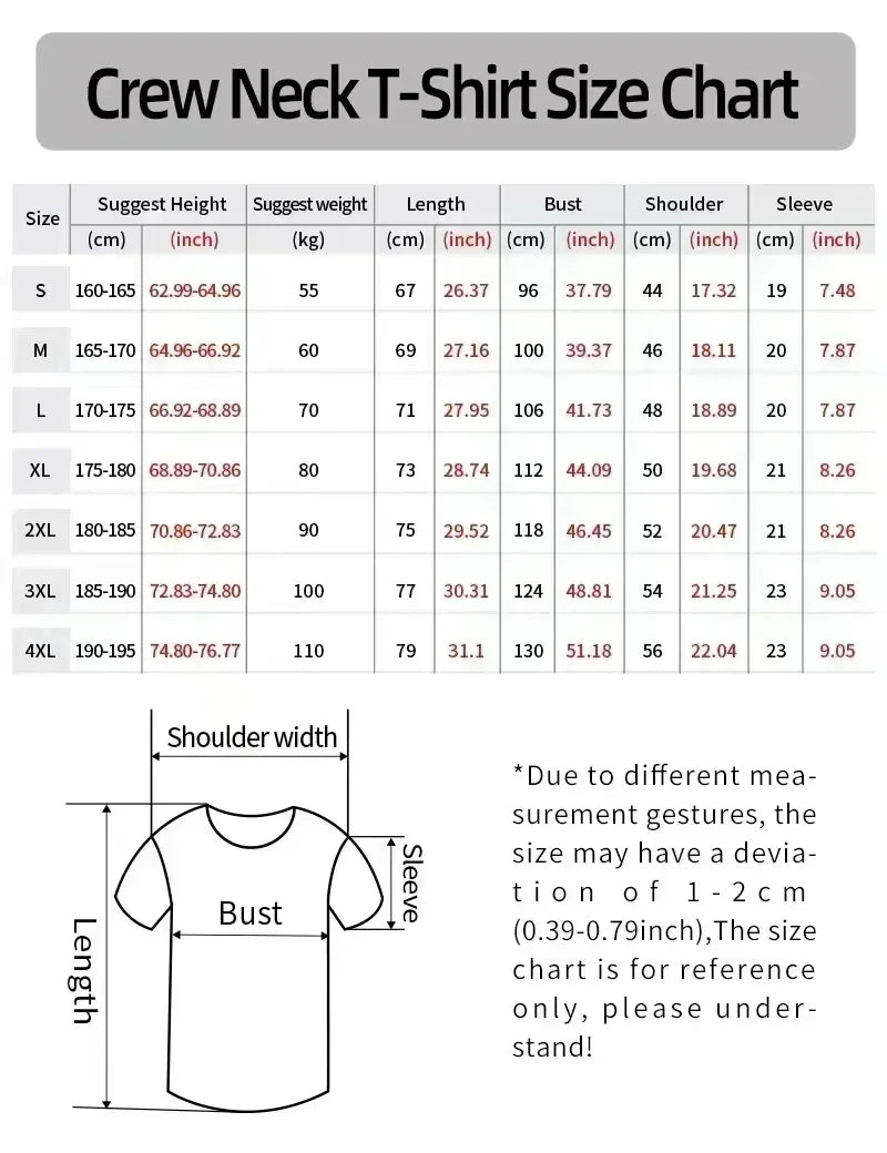 Men Cotton T-Shirt Unisex Crew Neck Trend Printed T-Shirt - Soft 100% Cotton Fabric American Hip Hop Street Comfort Short Sleeve